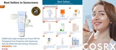 COSRX Ultra Light Invisible Sun Cream SPF 50 secures the No.1 spot on Amazon Germanyâ€™s Sunscreens Best Sellers list